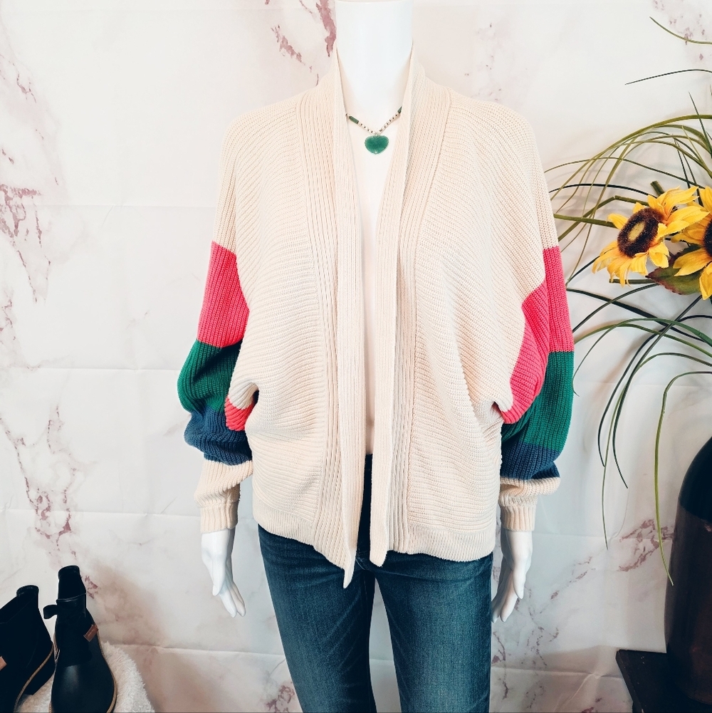 Cabi Colorblock Cardigan Cream Pink Green Dolman Sleeve Open Knit Spring - Picture 3 of 7